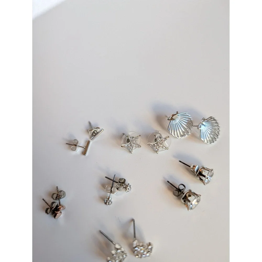 Mixed Stud Earring Set 7 Pairs Nautical Anchor Starfish‎ Shell Silver Tone